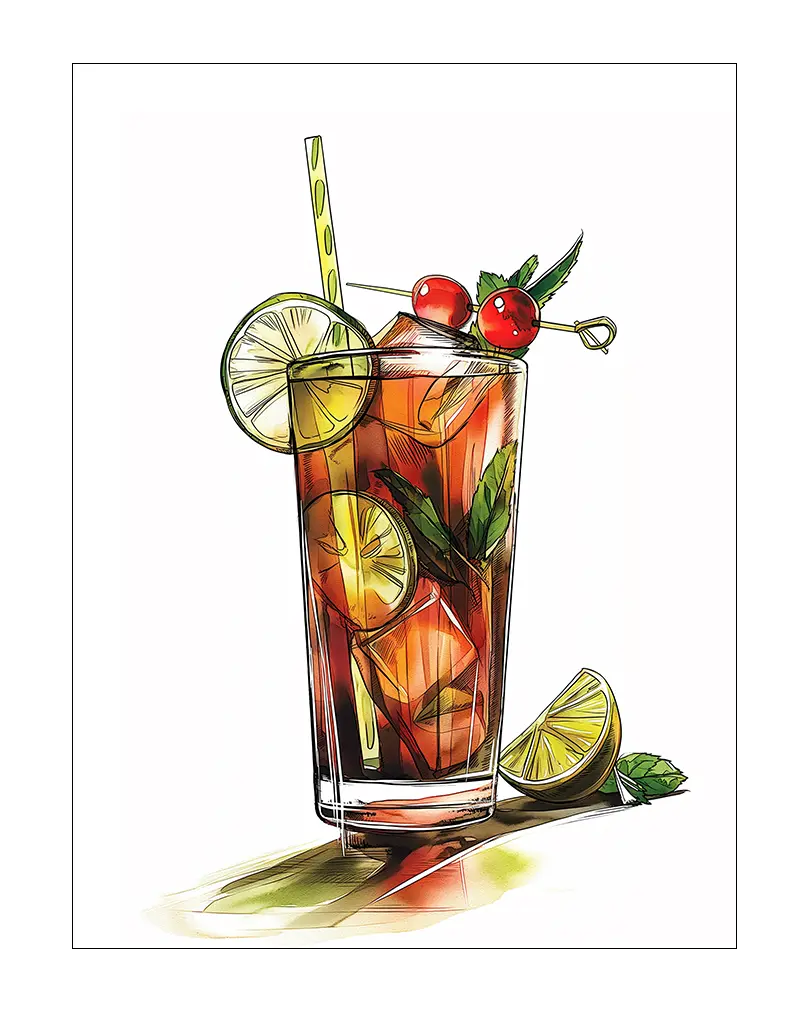 A vibrant illustration of a refreshing cocktail garnished with lime slices, cherries, and mint. Perfect wall art for kitchen or bar areas, adding a fresh and lively touch to your decor