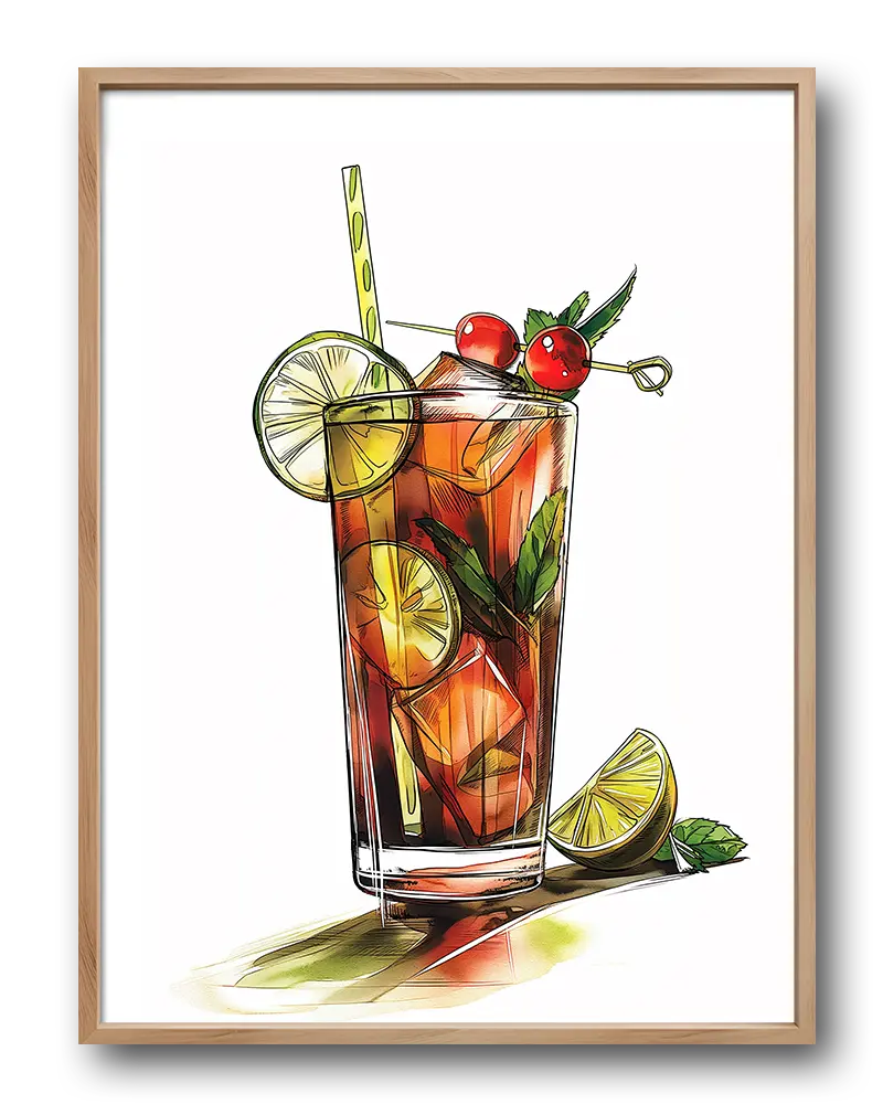 A vibrant illustration of a refreshing cocktail garnished with lime slices, cherries, and mint. Perfect wall art for kitchen or bar areas, adding a fresh and lively touch to your decor