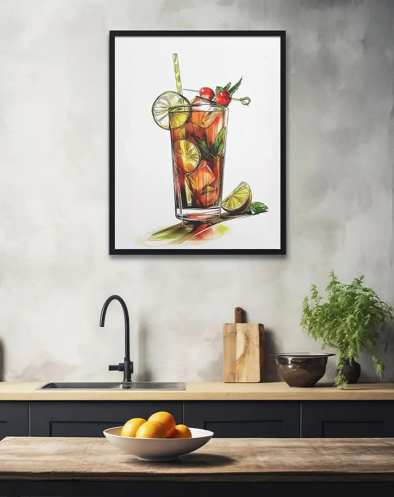 A vibrant illustration of a refreshing cocktail garnished with lime slices, cherries, and mint. Perfect wall art for kitchen or bar areas, adding a fresh and lively touch to your decor