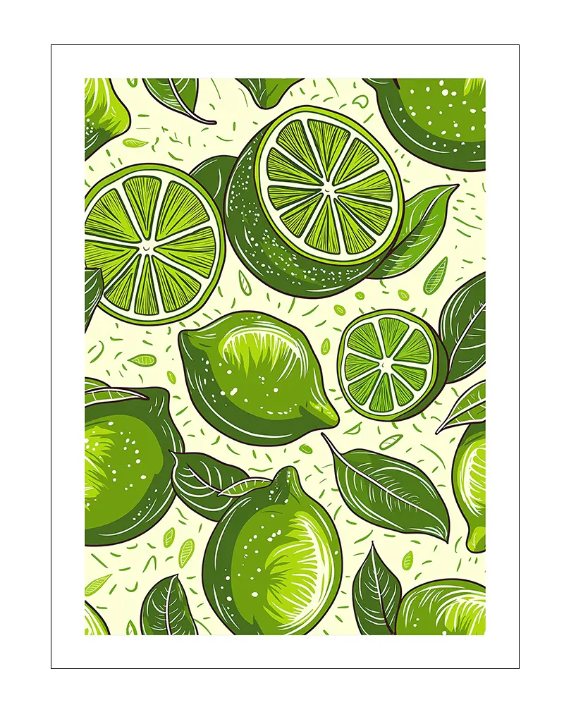 A detailed illustration featuring vibrant green limes and leaves, arranged in a lively pattern. Perfect wall art for kitchen or dining spaces, bringing a fresh and zesty feel to your home decor