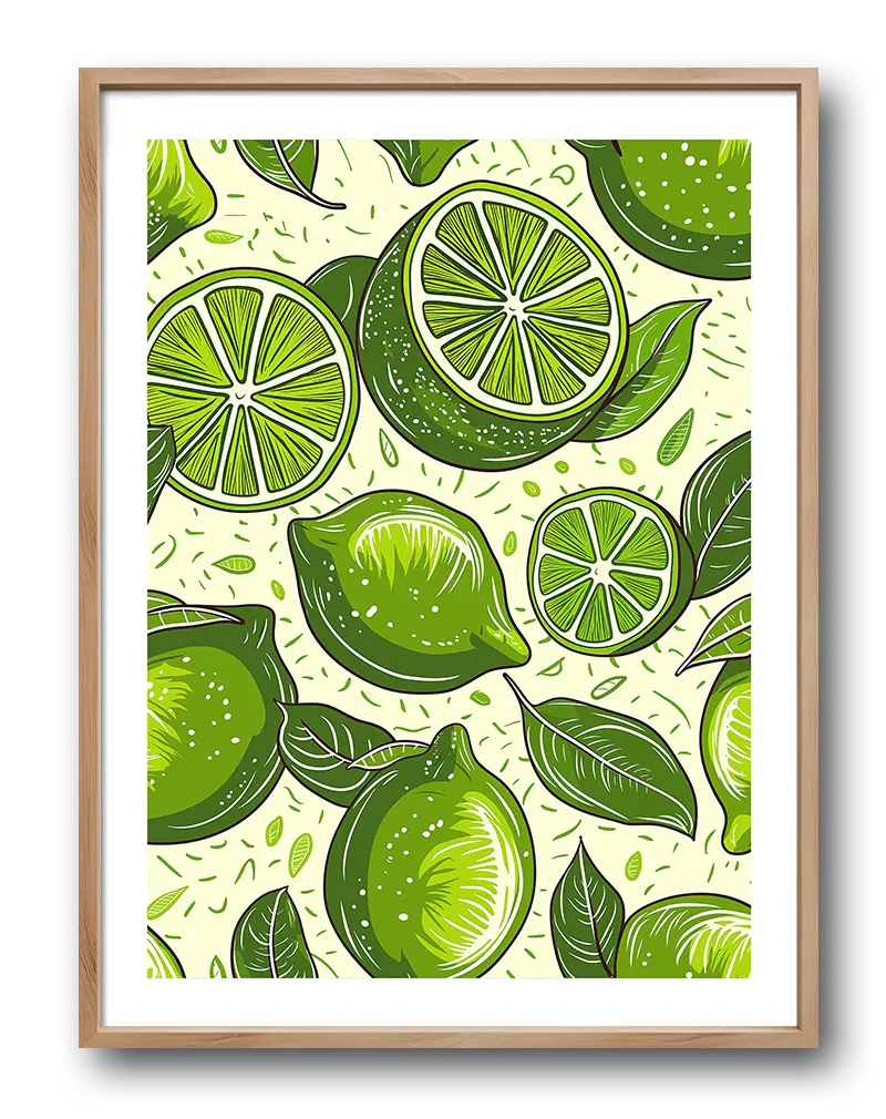 A detailed illustration featuring vibrant green limes and leaves, arranged in a lively pattern. Perfect wall art for kitchen or dining spaces, bringing a fresh and zesty feel to your home decor