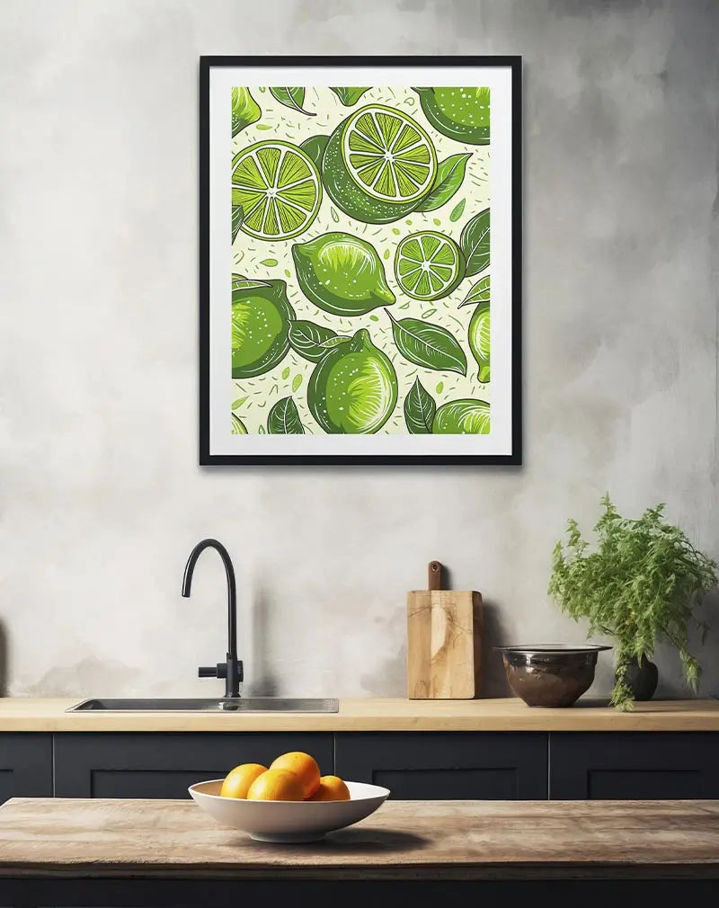 A detailed illustration featuring vibrant green limes and leaves, arranged in a lively pattern. Perfect wall art for kitchen or dining spaces, bringing a fresh and zesty feel to your home decor