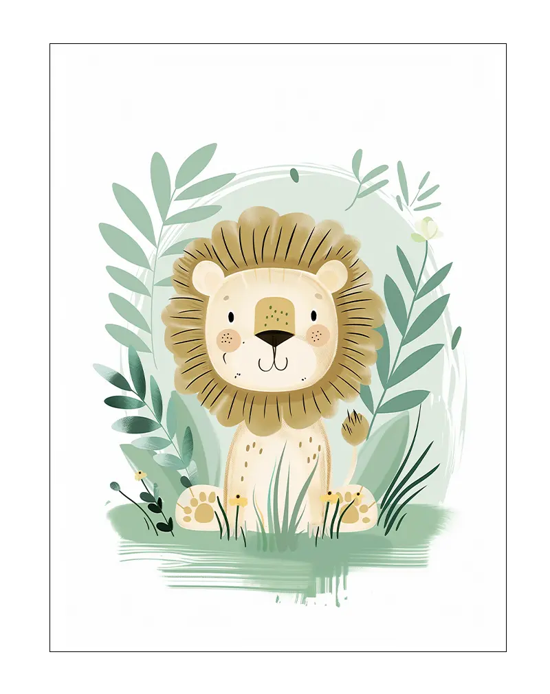 A charming illustration of a cute lion surrounded by soft greenery. Perfect wall art for a nursery or child's room, adding a playful and soothing touch to the space