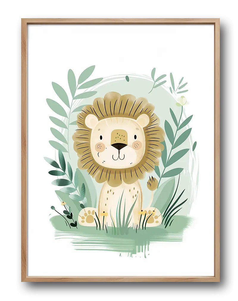 A charming illustration of a cute lion surrounded by soft greenery. Perfect wall art for a nursery or child's room, adding a playful and soothing touch to the space