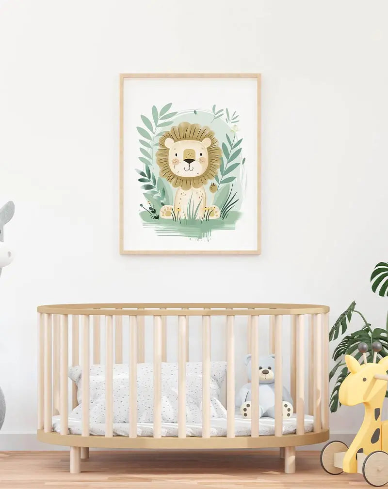 A charming illustration of a cute lion surrounded by soft greenery. Perfect wall art for a nursery or child's room, adding a playful and soothing touch to the space