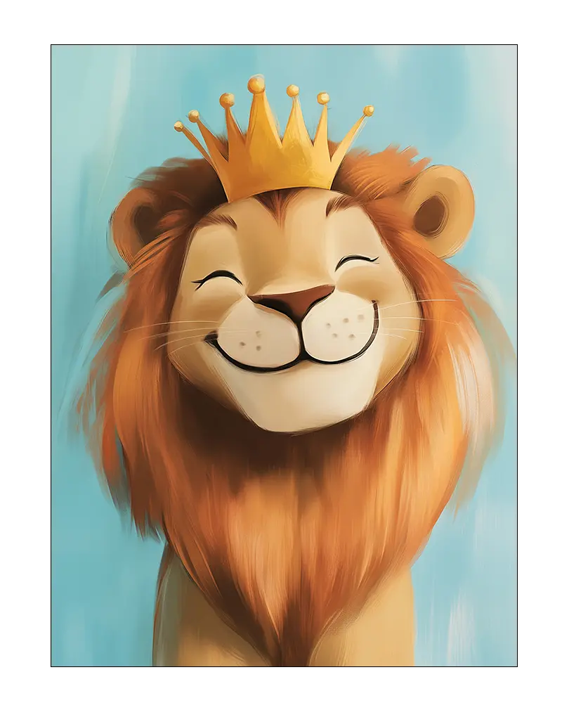 A smiling lion wearing a crown, perfect wall art for kids' rooms or animal-themed spaces.