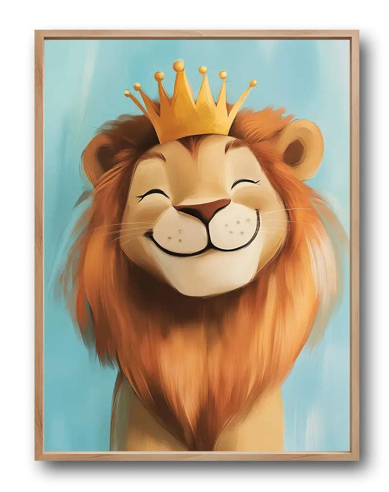 A smiling lion wearing a crown, perfect wall art for kids' rooms or animal-themed spaces.