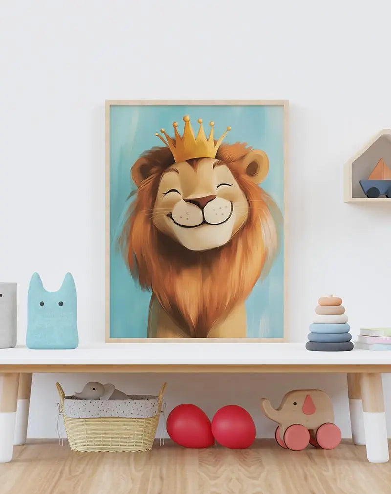 A smiling lion wearing a crown, perfect wall art for kids' rooms or animal-themed spaces.