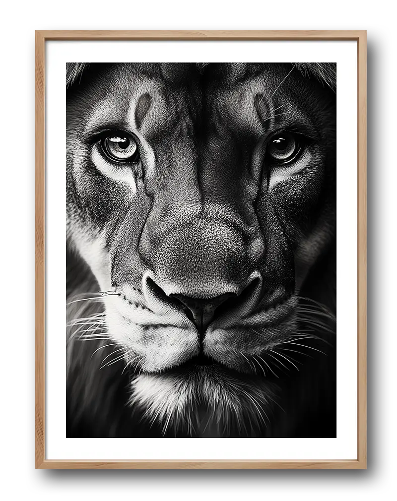 A powerful black and white portrait of a lion, showcasing its intense gaze and detailed fur texture.