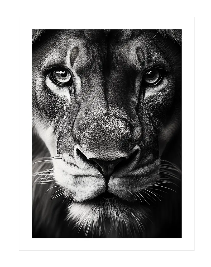 A powerful black and white portrait of a lion, showcasing its intense gaze and detailed fur texture.