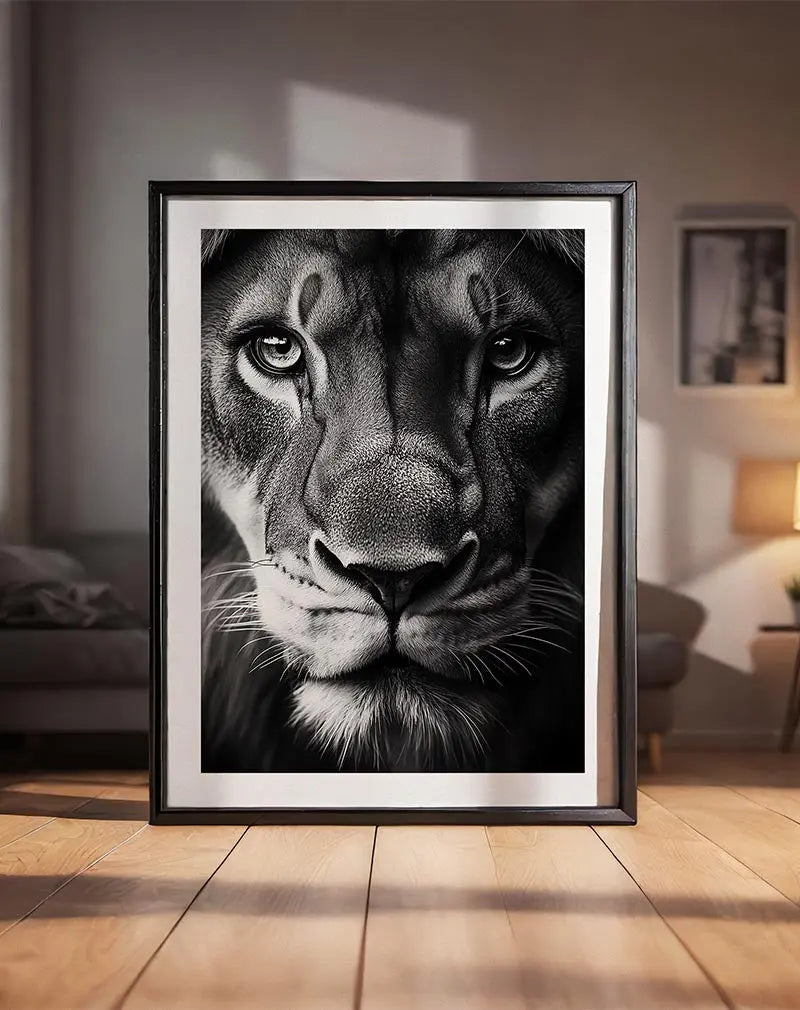 A powerful black and white portrait of a lion, showcasing its intense gaze and detailed fur texture.