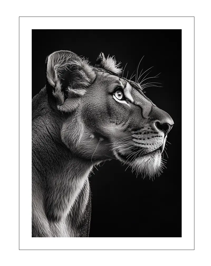 A captivating black and white side profile of a lioness, showcasing her graceful features and focused gaze.