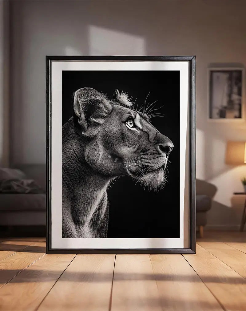 A captivating black and white side profile of a lioness, showcasing her graceful features and focused gaze.