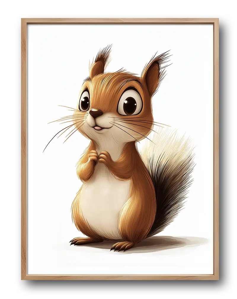 A cute cartoon squirrel with big eyes, perfect wall art for children's rooms or animal lovers.