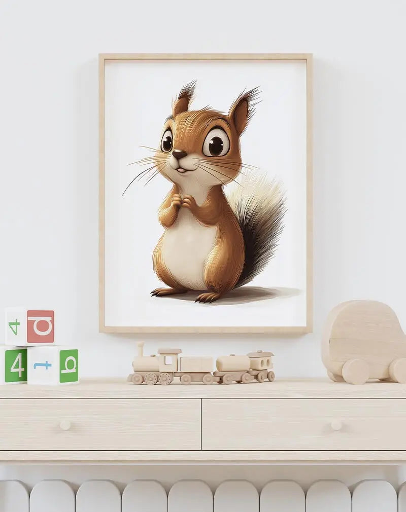 A cute cartoon squirrel with big eyes, perfect wall art for children's rooms or animal lovers.