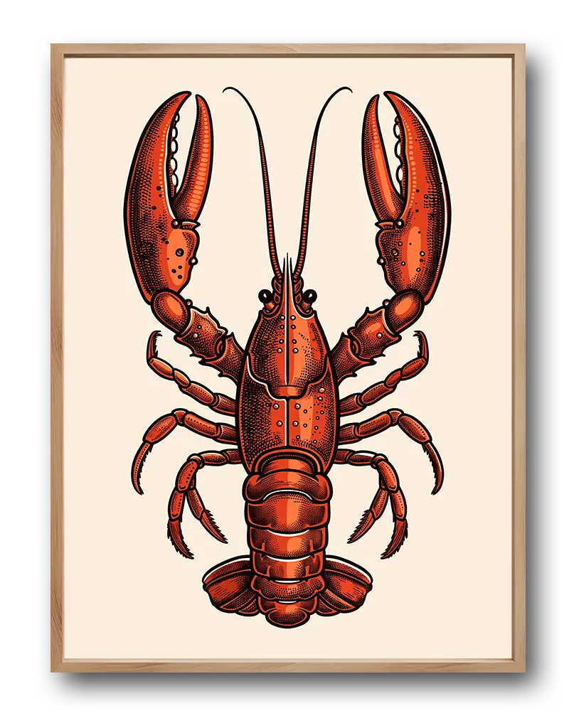 A detailed illustration of a lobster in vintage style with vibrant red tones. Perfect wall art for a coastal-themed kitchen or dining area, bringing a bold and unique design element to the space