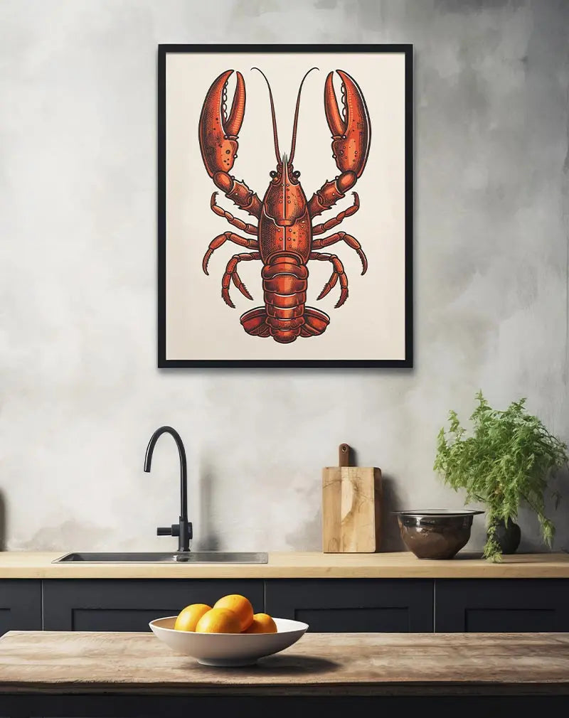 A detailed illustration of a lobster in vintage style with vibrant red tones. Perfect wall art for a coastal-themed kitchen or dining area, bringing a bold and unique design element to the space