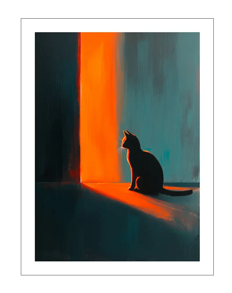 A dramatic silhouette of a cat sitting near a warm, glowing light source in a dark room. Perfect wall art for cat lovers and those who enjoy moody, atmospheric illustrations