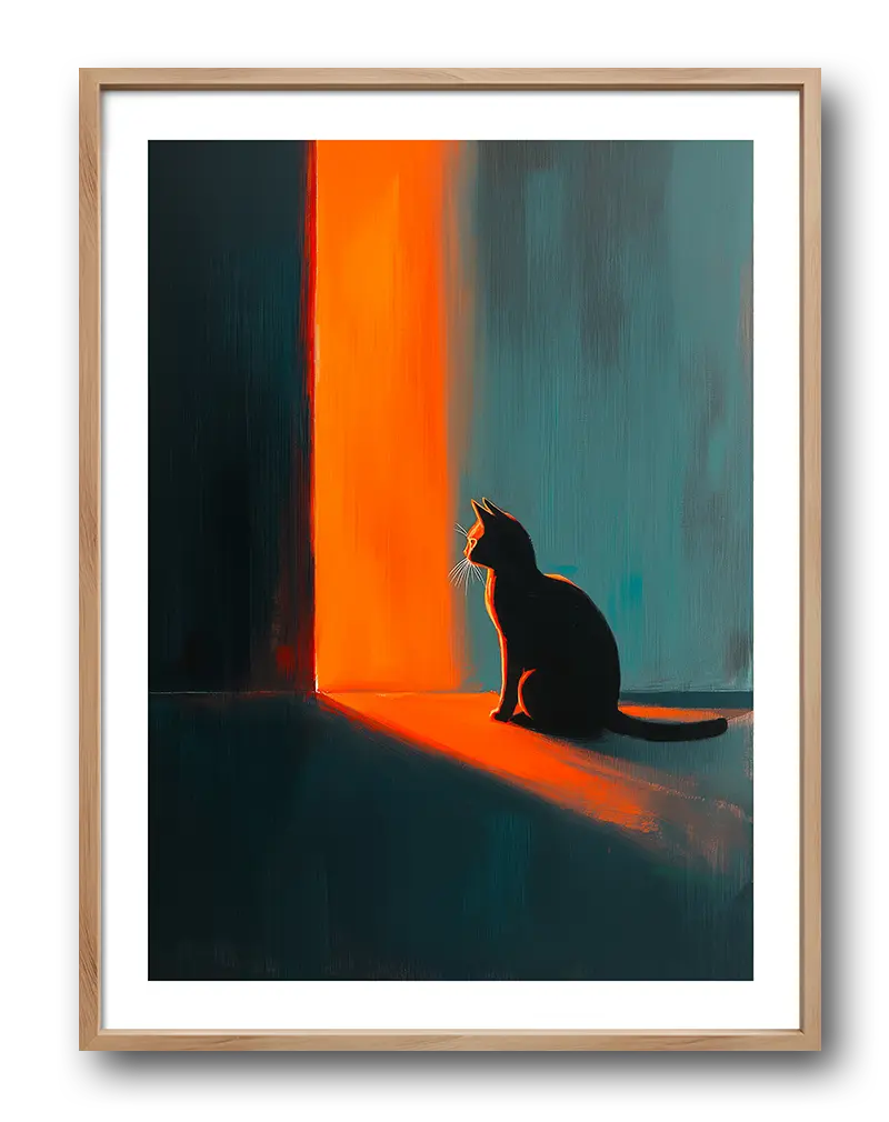 A dramatic silhouette of a cat sitting near a warm, glowing light source in a dark room. Perfect wall art for cat lovers and those who enjoy moody, atmospheric illustrations