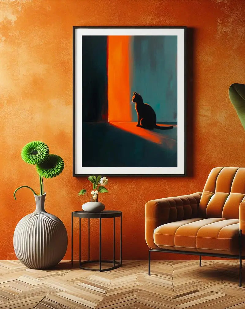 A dramatic silhouette of a cat sitting near a warm, glowing light source in a dark room. Perfect wall art for cat lovers and those who enjoy moody, atmospheric illustrations