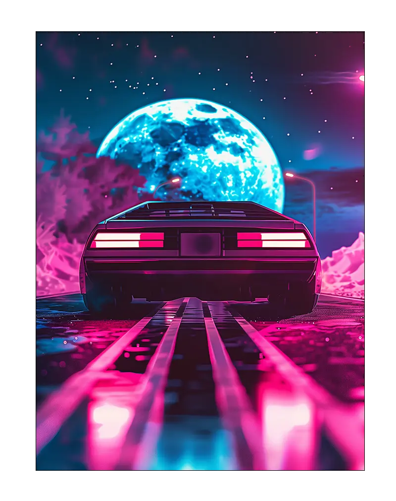 A retro-futuristic illustration of a car driving towards a neon-lit moon, evoking a nostalgic yet futuristic vibe. Perfect wall art for a gaming room or man cave, bringing a bold and vibrant aesthetic to the space