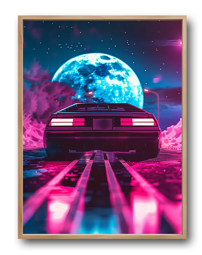 A retro-futuristic illustration of a car driving towards a neon-lit moon, evoking a nostalgic yet futuristic vibe. Perfect wall art for a gaming room or man cave, bringing a bold and vibrant aesthetic to the space