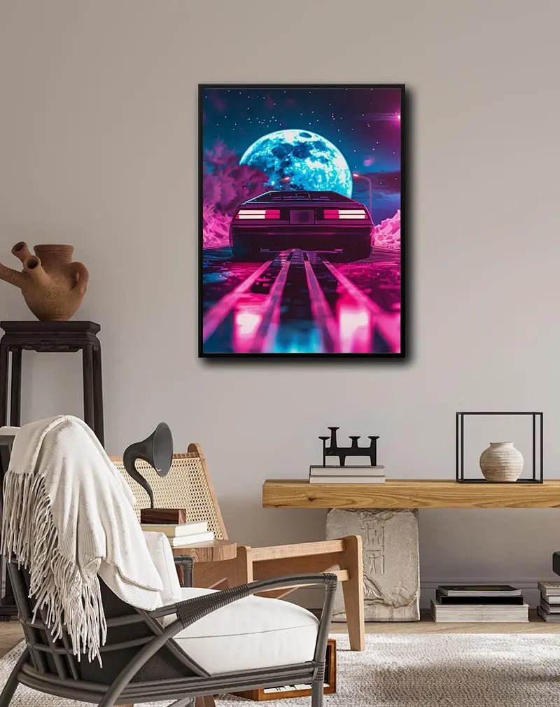 A retro-futuristic illustration of a car driving towards a neon-lit moon, evoking a nostalgic yet futuristic vibe. Perfect wall art for a gaming room or man cave, bringing a bold and vibrant aesthetic to the space