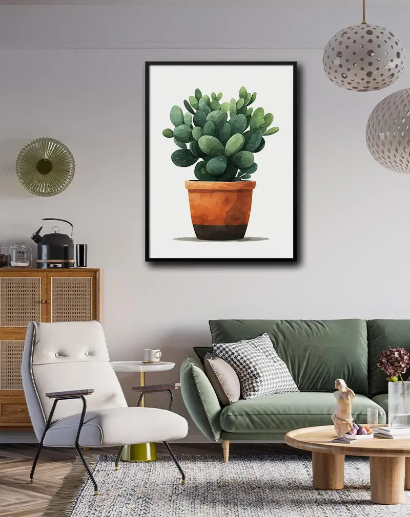 A detailed illustration of a cactus in a terracotta pot, showcasing its lush green texture. Perfect wall art for adding a natural, calming vibe to any indoor space. Ideal for plant lovers