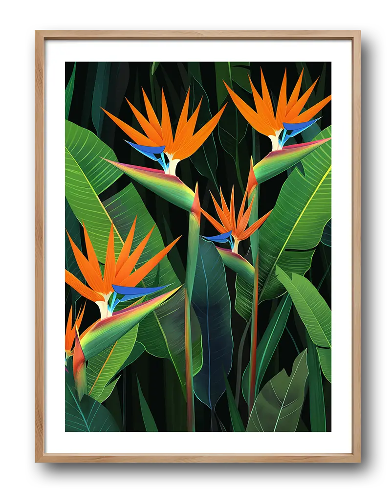 A vibrant illustration of Bird of Paradise flowers with lush green leaves, bursting with tropical colors. Perfect wall art for bringing an exotic touch to any interior. Ideal for lovers of nature-inspired decor