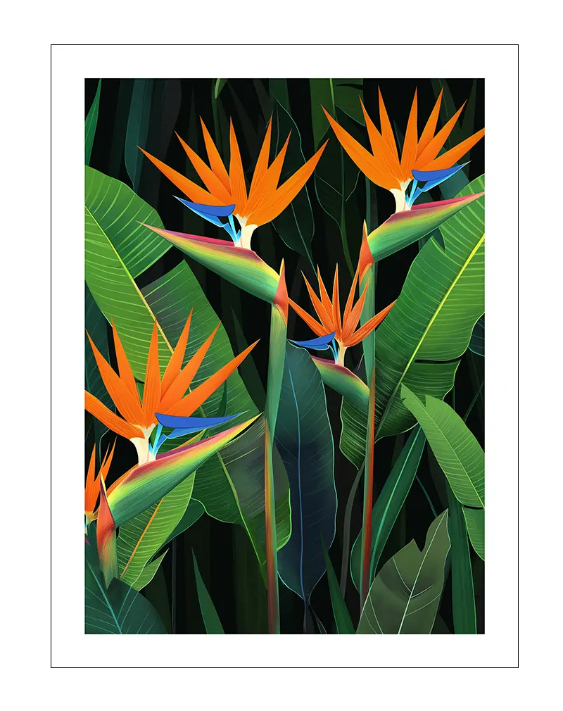 A vibrant illustration of Bird of Paradise flowers with lush green leaves, bursting with tropical colors. Perfect wall art for bringing an exotic touch to any interior. Ideal for lovers of nature-inspired decor