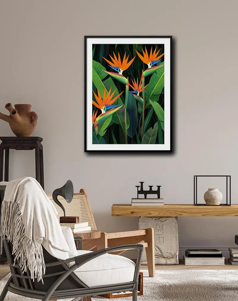 A vibrant illustration of Bird of Paradise flowers with lush green leaves, bursting with tropical colors. Perfect wall art for bringing an exotic touch to any interior. Ideal for lovers of nature-inspired decor