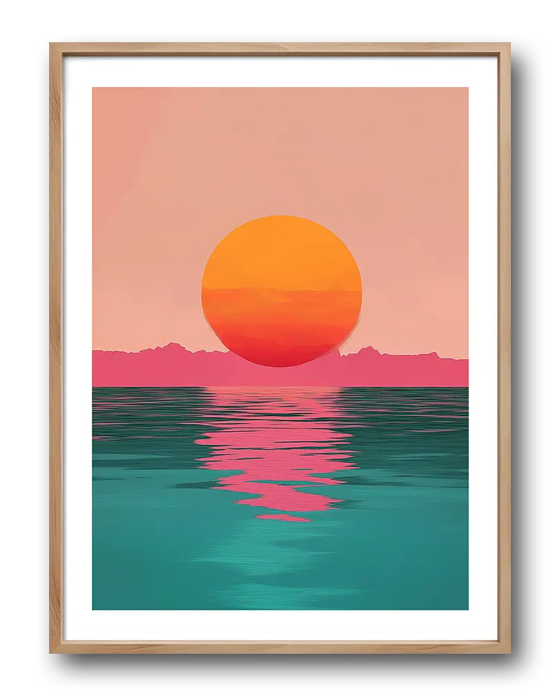 A stunning illustration of a vibrant sunset over the ocean with bold colors reflecting on the water. Perfect wall art for creating a serene and calming atmosphere in any space. Ideal for coastal and sunset lovers