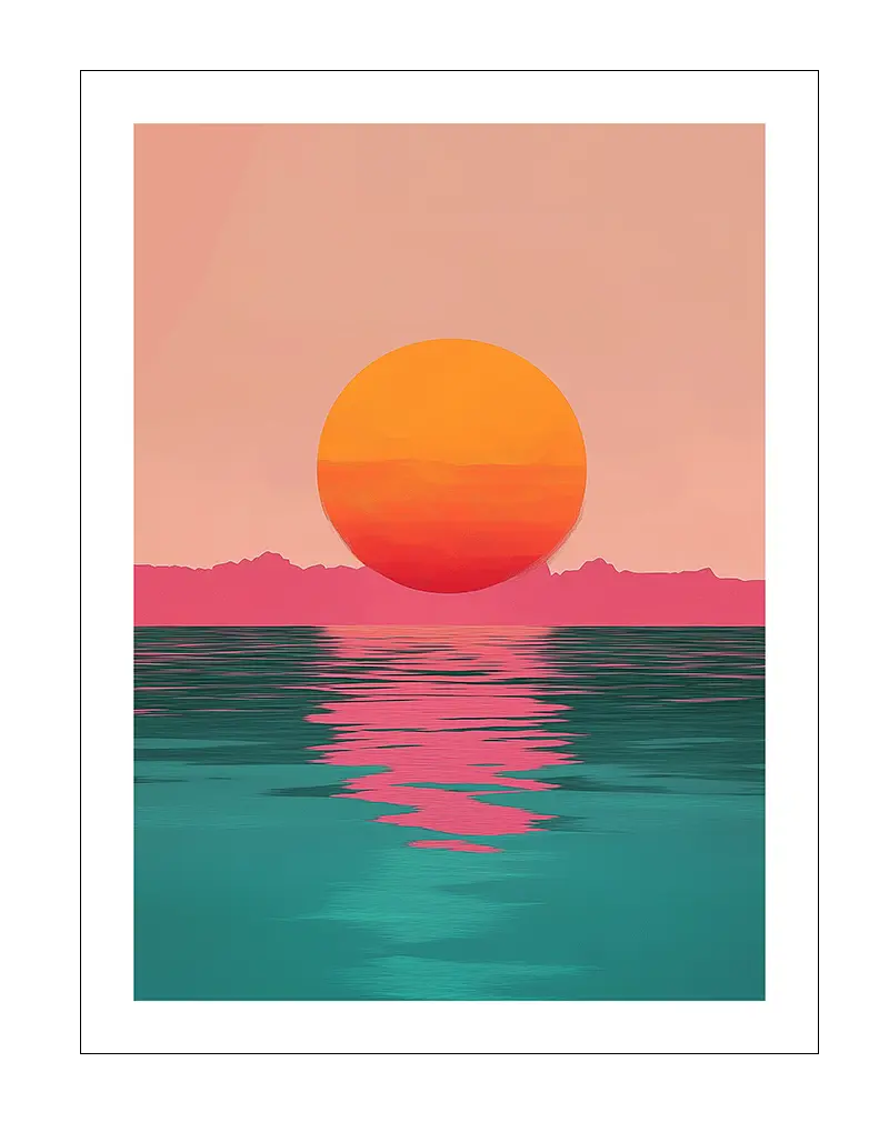 A stunning illustration of a vibrant sunset over the ocean with bold colors reflecting on the water. Perfect wall art for creating a serene and calming atmosphere in any space. Ideal for coastal and sunset lovers