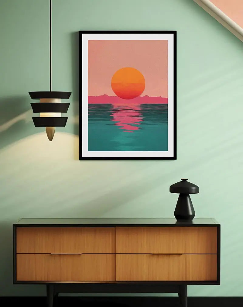 A stunning illustration of a vibrant sunset over the ocean with bold colors reflecting on the water. Perfect wall art for creating a serene and calming atmosphere in any space. Ideal for coastal and sunset lovers