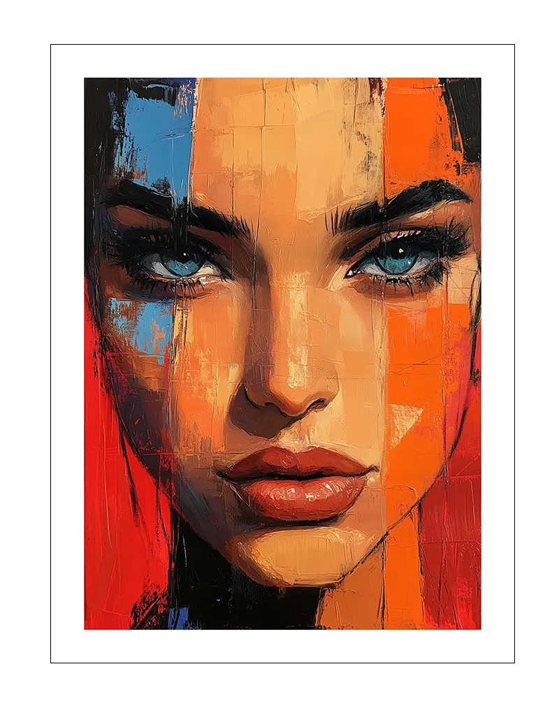 A vivid abstract portrait showcasing a woman's intense gaze with blue eyes, accented by bold red, orange, and blue brushstrokes.