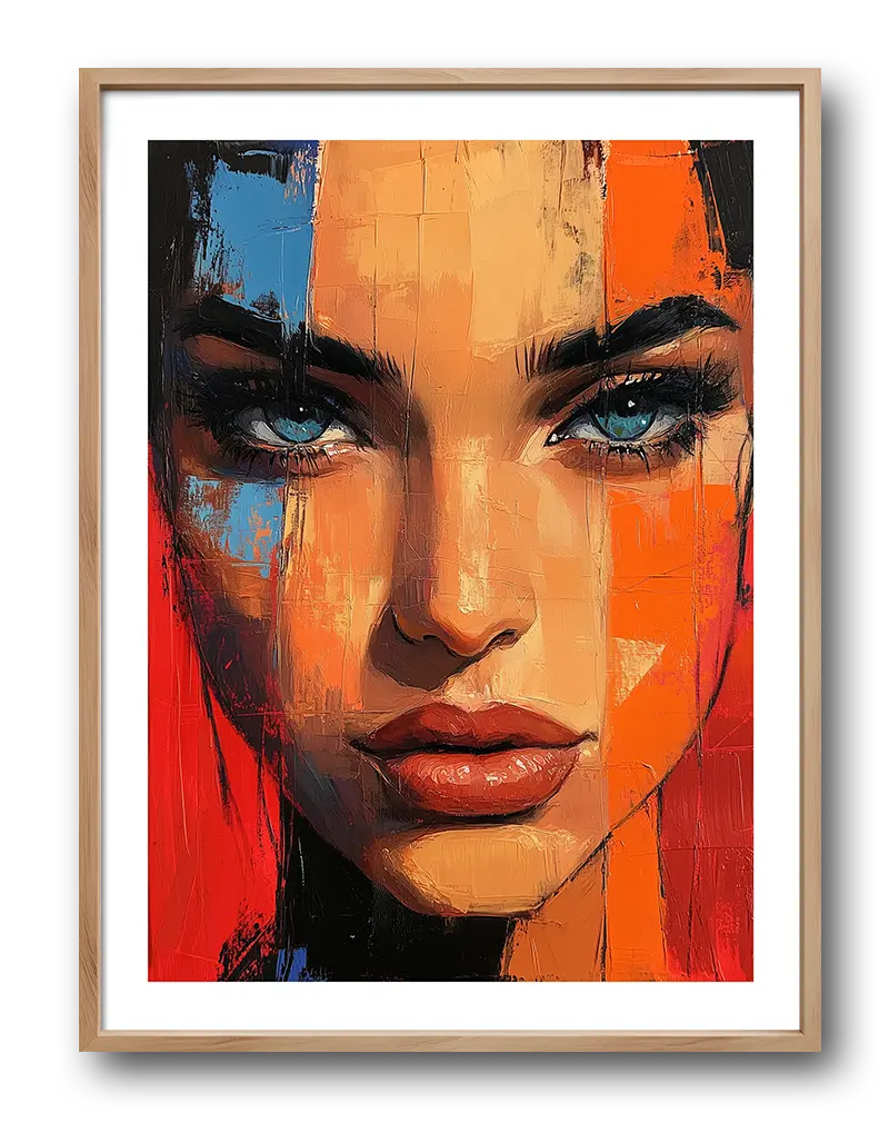 A vivid abstract portrait showcasing a woman's intense gaze with blue eyes, accented by bold red, orange, and blue brushstrokes.