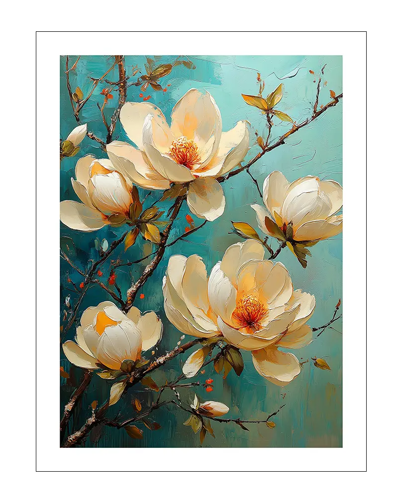 A beautiful illustration of magnolia flowers in full bloom with vibrant colors on a textured background. Perfect wall art for adding a touch of nature and elegance to any room. Ideal for floral and botanical decor themes