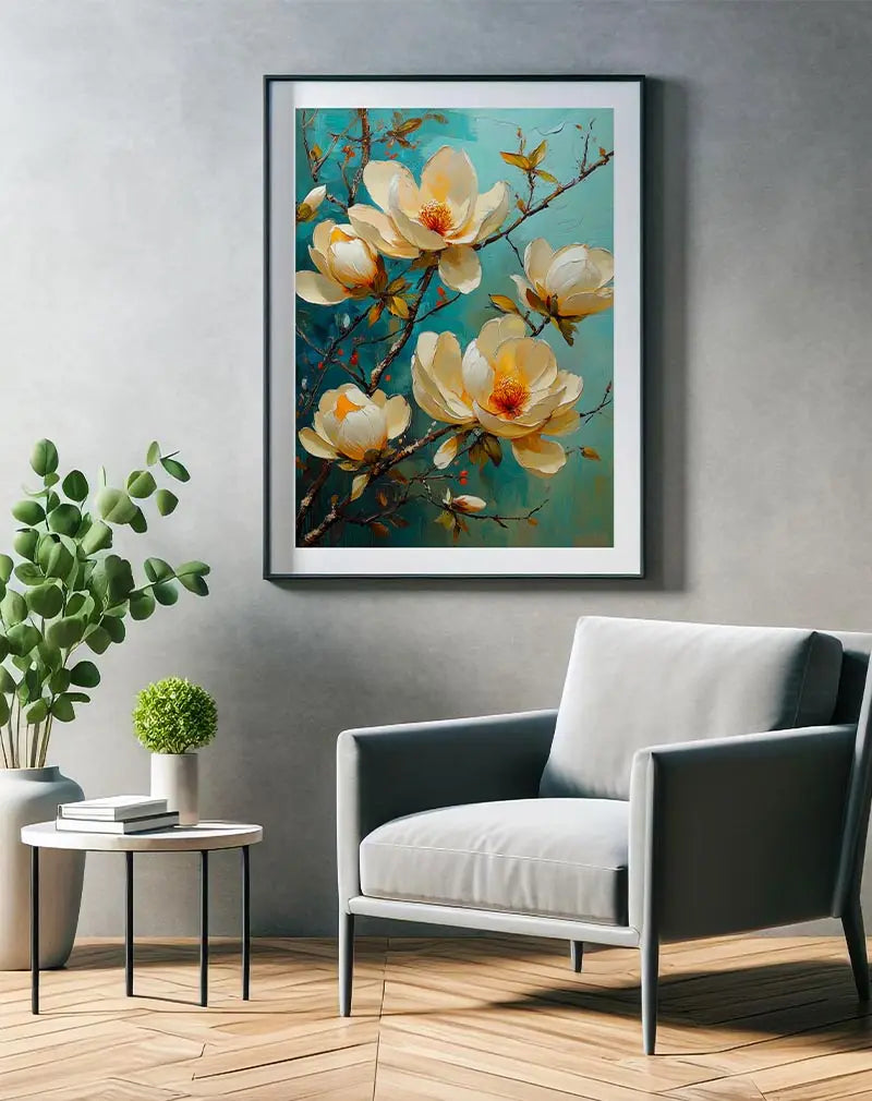 A beautiful illustration of magnolia flowers in full bloom with vibrant colors on a textured background. Perfect wall art for adding a touch of nature and elegance to any room. Ideal for floral and botanical decor themes