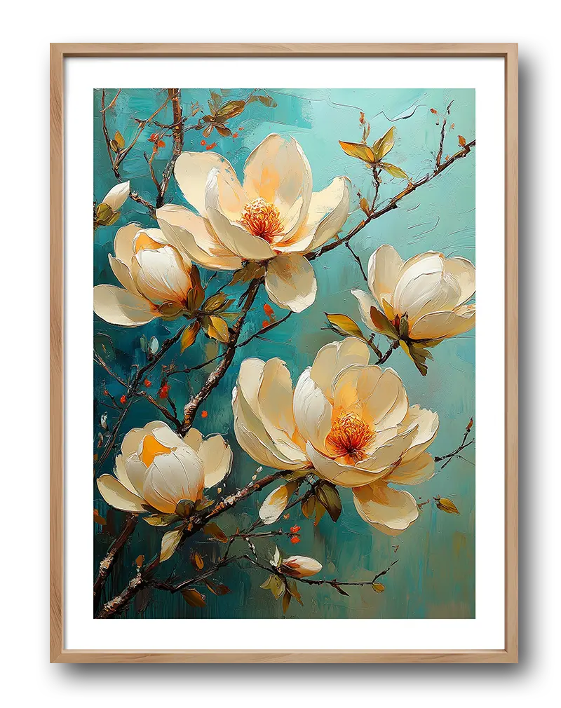 A beautiful illustration of magnolia flowers in full bloom with vibrant colors on a textured background. Perfect wall art for adding a touch of nature and elegance to any room. Ideal for floral and botanical decor themes