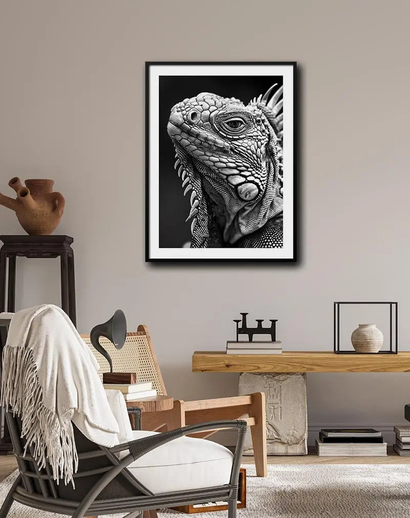 A striking black and white illustration of an iguana with intricate textures and details. Perfect wall art for nature lovers and those seeking unique animal prints. Adds a bold, artistic touch to any space