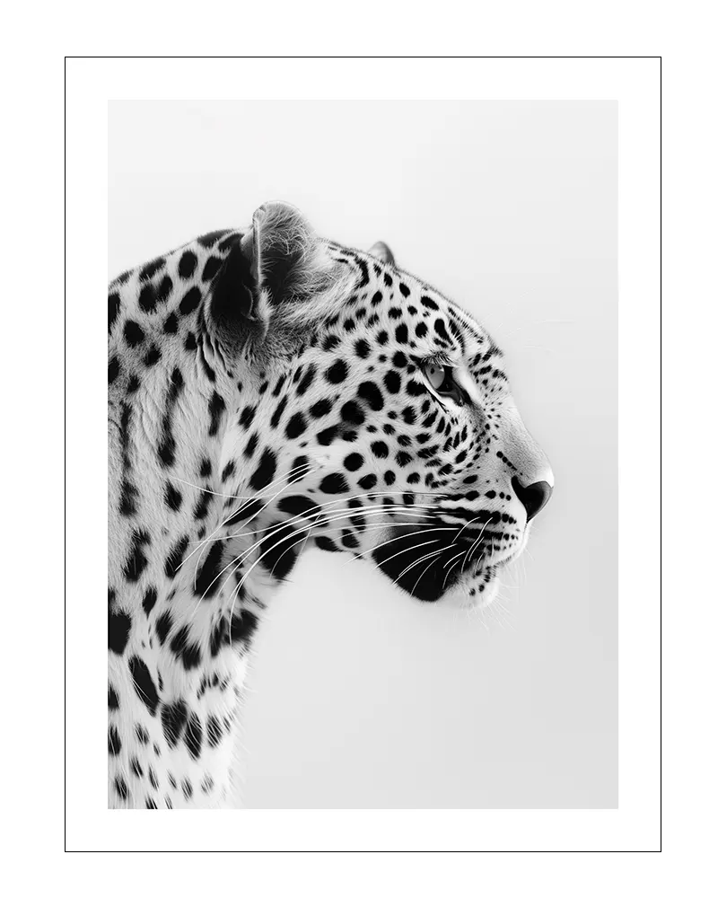 A detailed black and white illustration of a leopard in profile. Perfect wall art for adding a touch of elegance and nature to your interior. A timeless piece for animal lovers and modern spaces