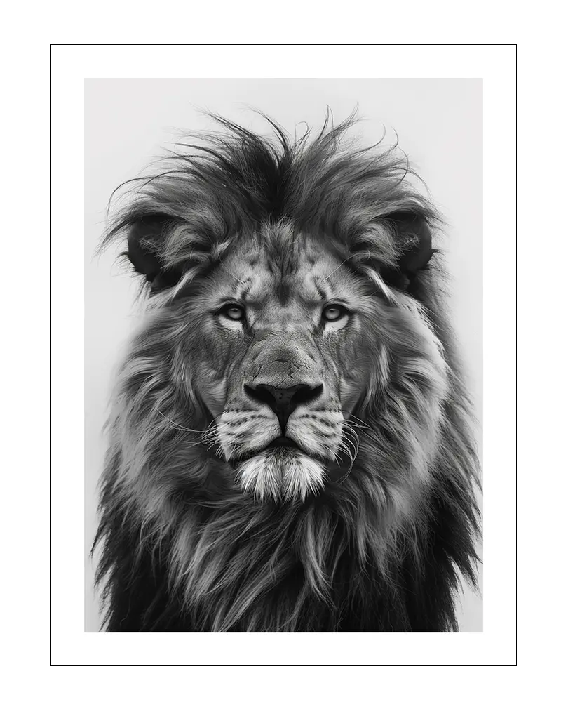 A majestic black and white illustration of a lion's face. Perfect wall art for a powerful and timeless addition to any space. Ideal for creating a bold, nature-inspired atmosphere