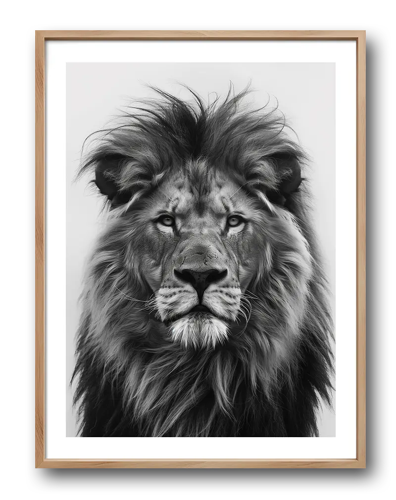 A majestic black and white illustration of a lion's face. Perfect wall art for a powerful and timeless addition to any space. Ideal for creating a bold, nature-inspired atmosphere