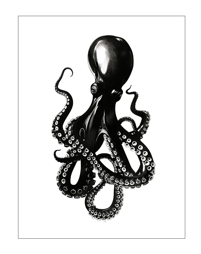 A striking black and white illustration of an octopus with flowing tentacles. Perfect wall art for adding a touch of oceanic mystery and elegance to any space. Ideal for a unique, marine-themed decoration