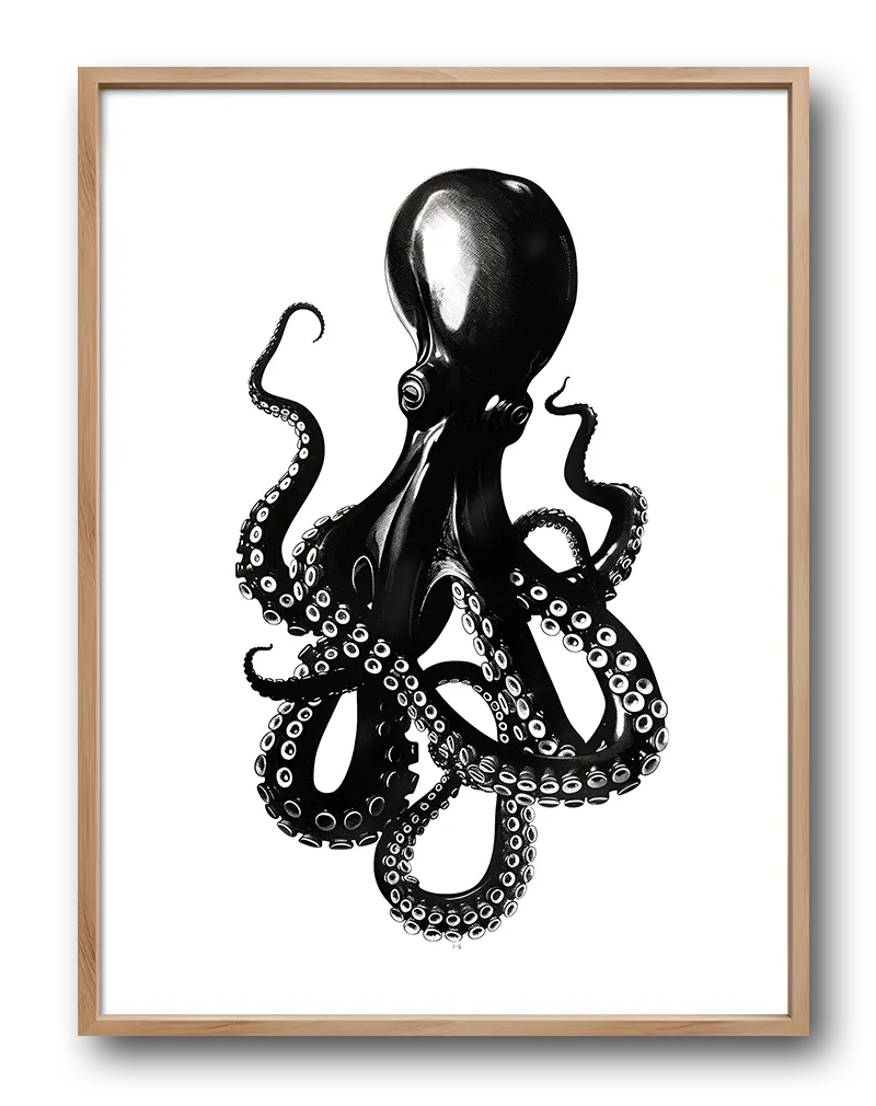 A striking black and white illustration of an octopus with flowing tentacles. Perfect wall art for adding a touch of oceanic mystery and elegance to any space. Ideal for a unique, marine-themed decoration