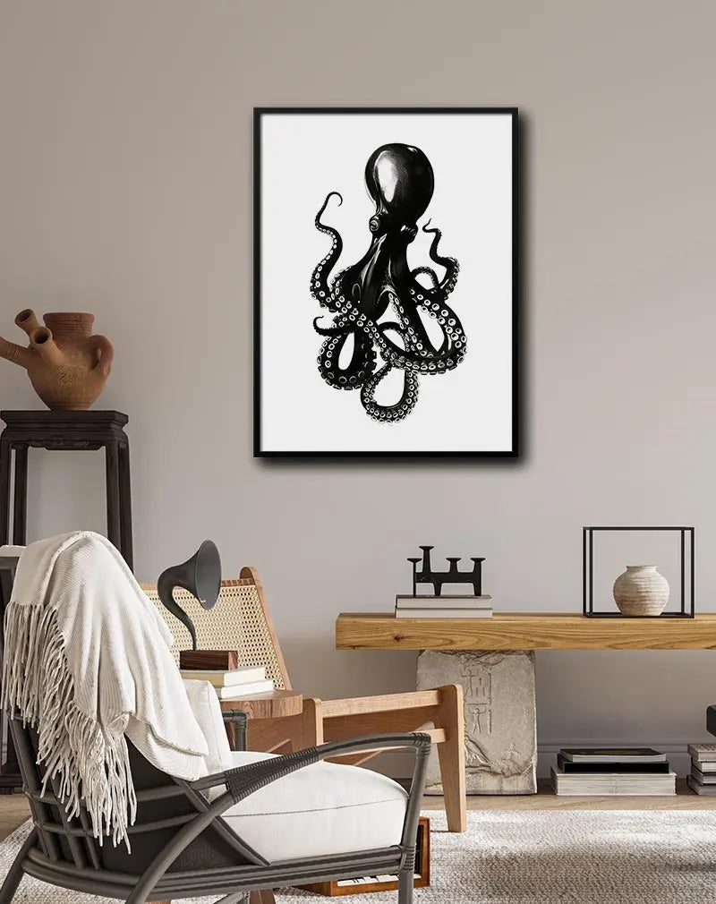 A striking black and white illustration of an octopus with flowing tentacles. Perfect wall art for adding a touch of oceanic mystery and elegance to any space. Ideal for a unique, marine-themed decoration