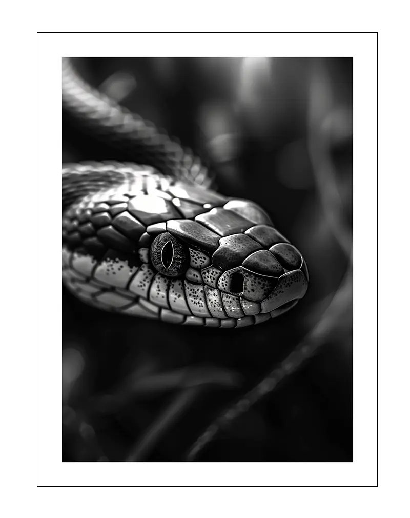 A striking black and white illustration of a snake in close-up detail. Perfect wall art for reptile enthusiasts, bringing bold and mysterious vibes to any interior space