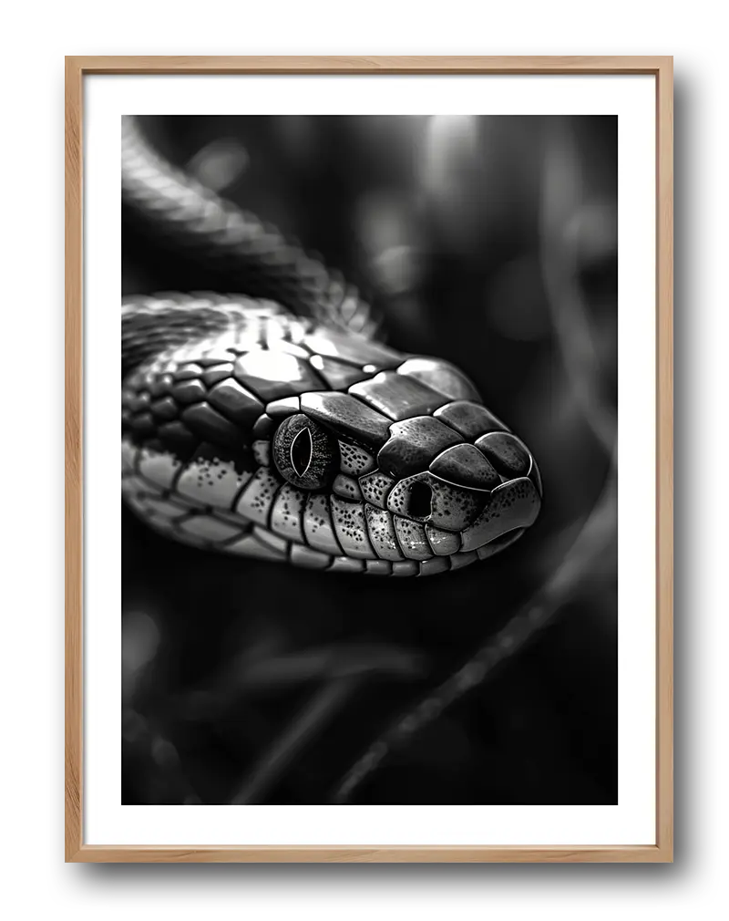 A striking black and white illustration of a snake in close-up detail. Perfect wall art for reptile enthusiasts, bringing bold and mysterious vibes to any interior space