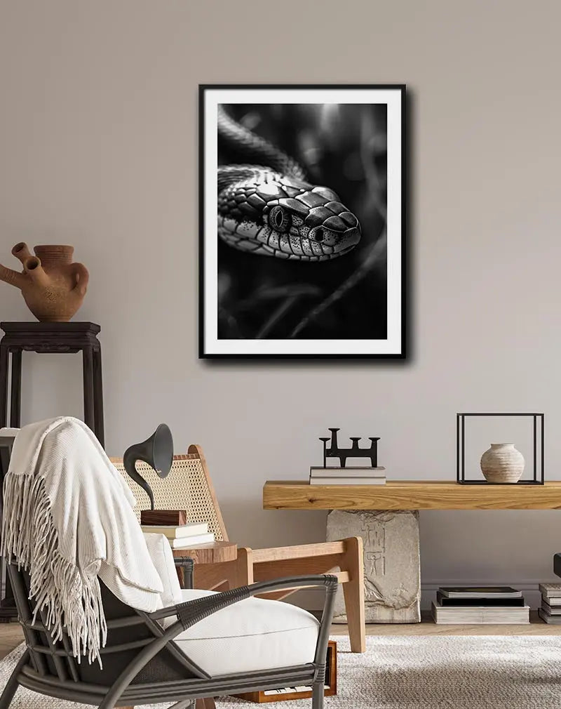 A striking black and white illustration of a snake in close-up detail. Perfect wall art for reptile enthusiasts, bringing bold and mysterious vibes to any interior space