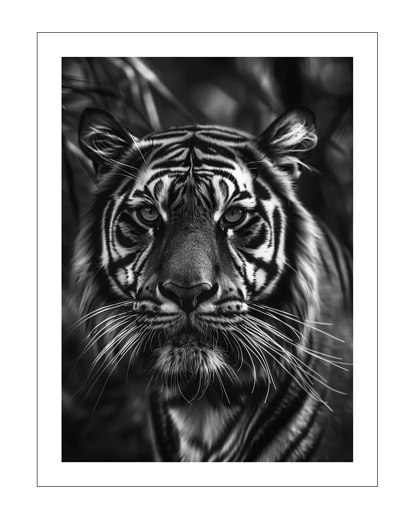 A powerful black and white illustration of a tiger's intense gaze. Perfect wall art for adding a bold, majestic feel to any space, ideal for animal lovers or those seeking a strong focal point in their decor